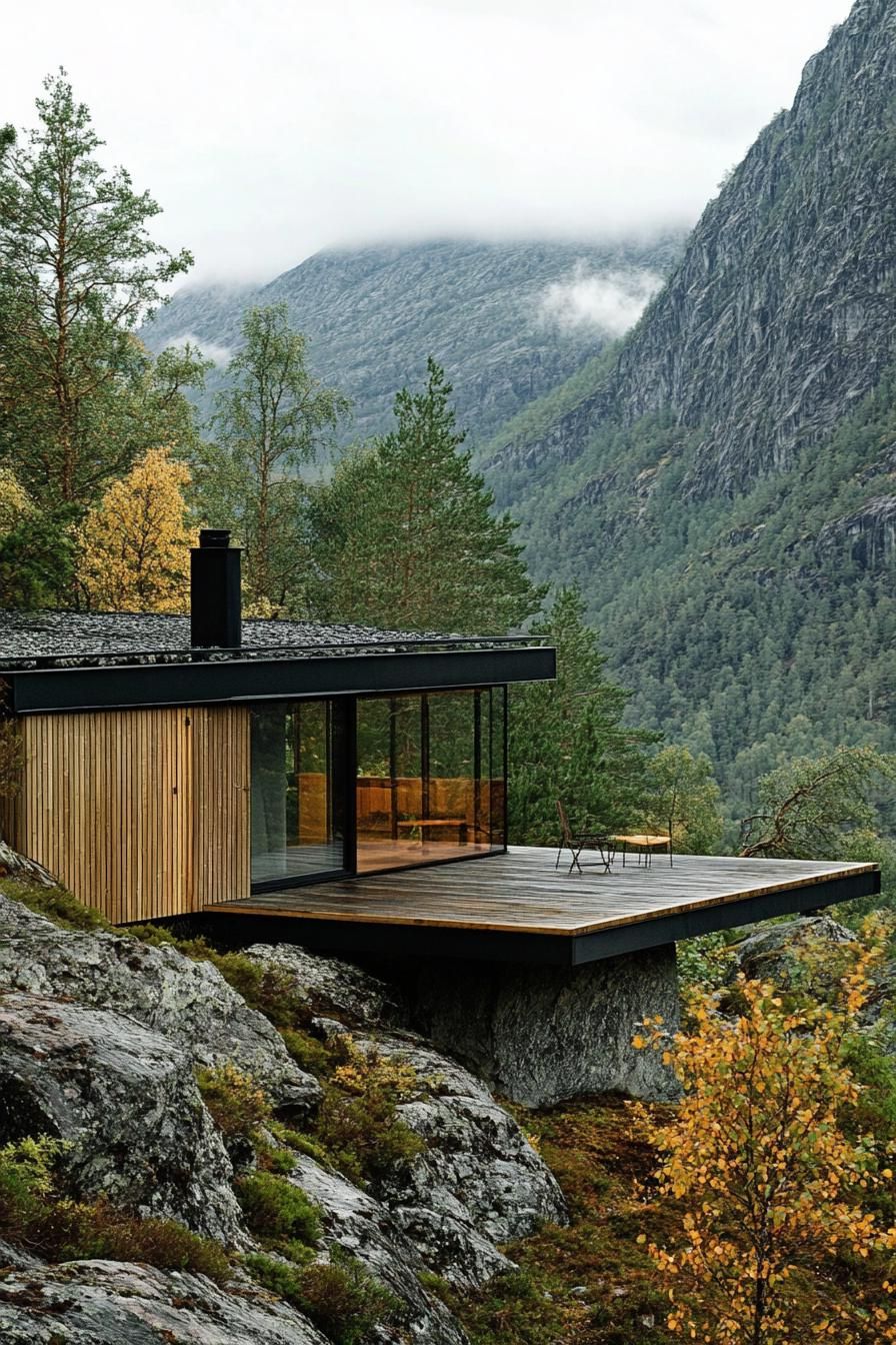 mid century modern cabin with wood and stone cladding stunning Scandinavian mountain landscape 3