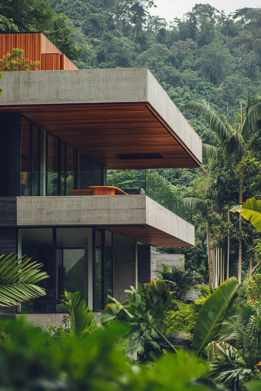 modern house with precast concrete facade with faux wood grain texture lush green forest in the background