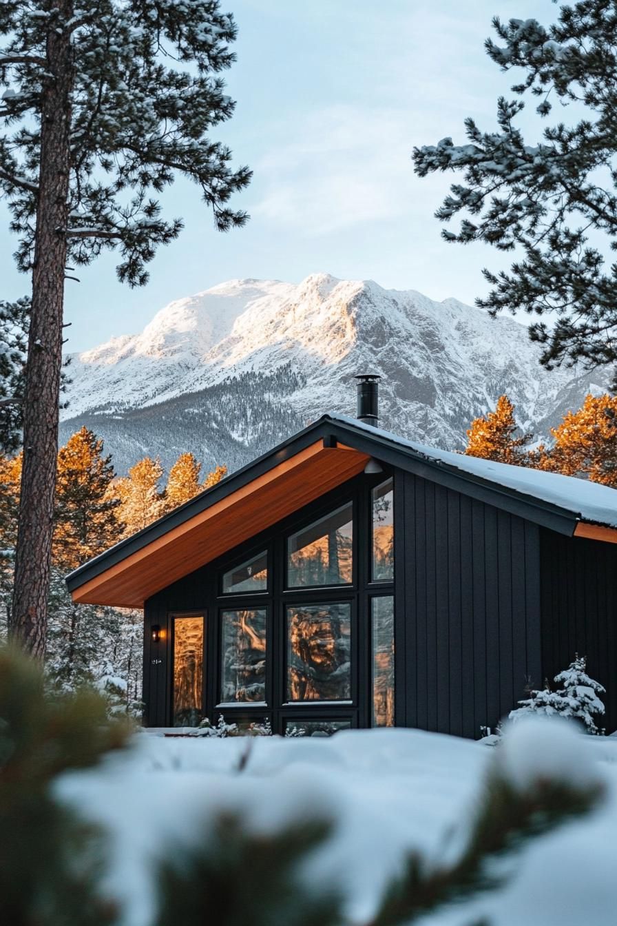 mid century modern cabin facade with black trim imposing snowy mountain in the background