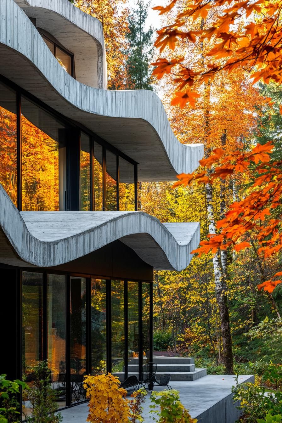 modern house with precast concrete facade in art deco zigzags maple forest in the background in autumn 2