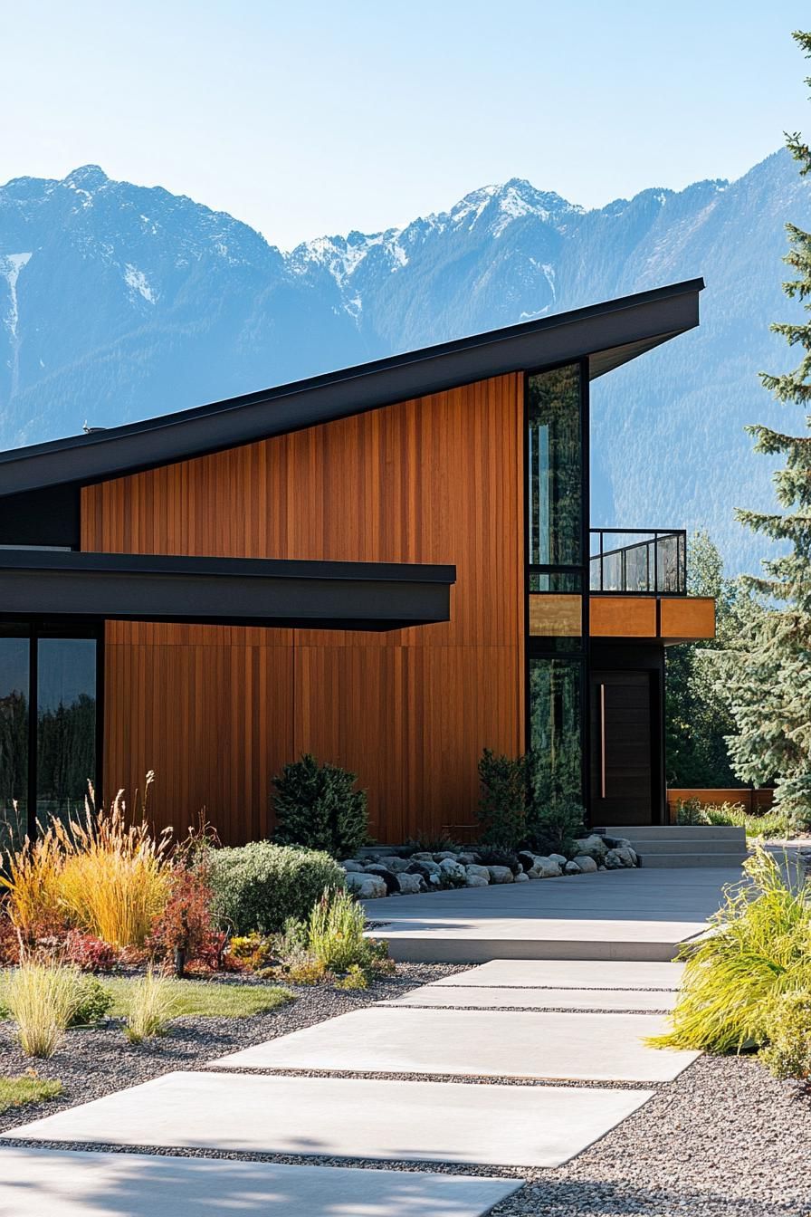 modern 70s style house facade with geometric wood paneling stunning mountain views