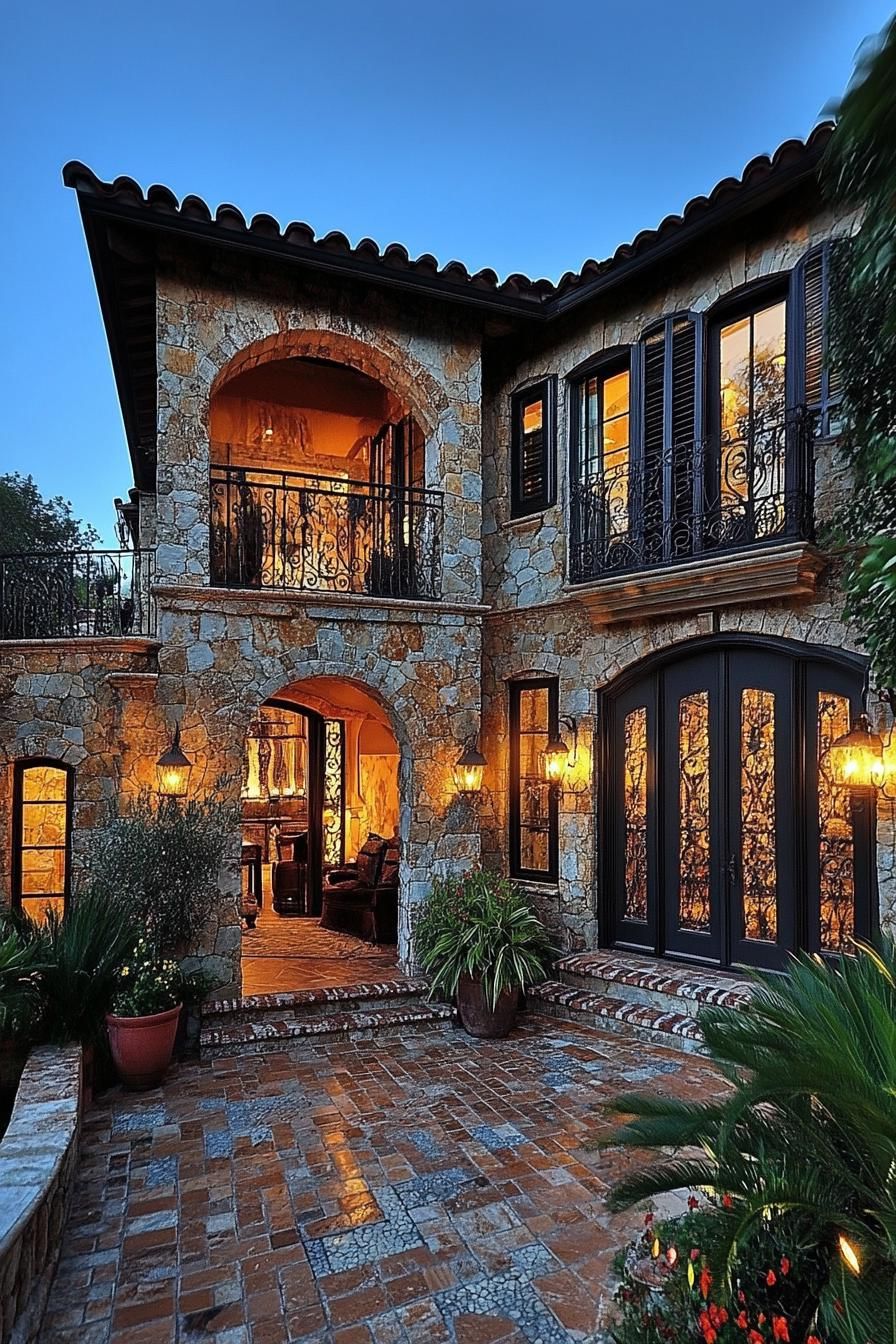 mediterranean inner courtyard house with stone mosaic siding arched doors windows with shutters iron balcony lamp fixtures stone mosaic tile 1