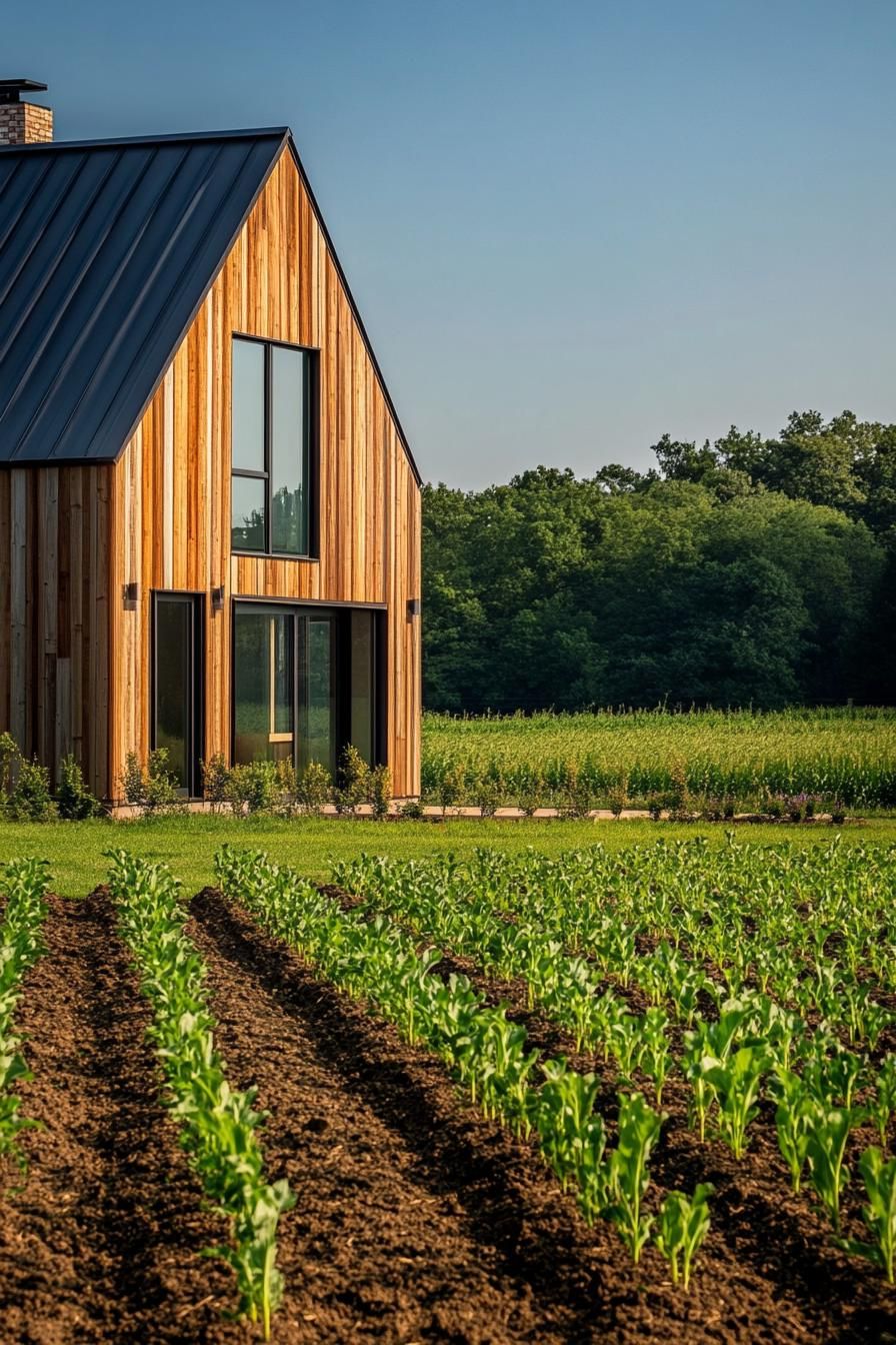 rural modern house exterior rustic wood paneling with metal frontal view neat young crop fields in the foreground 3
