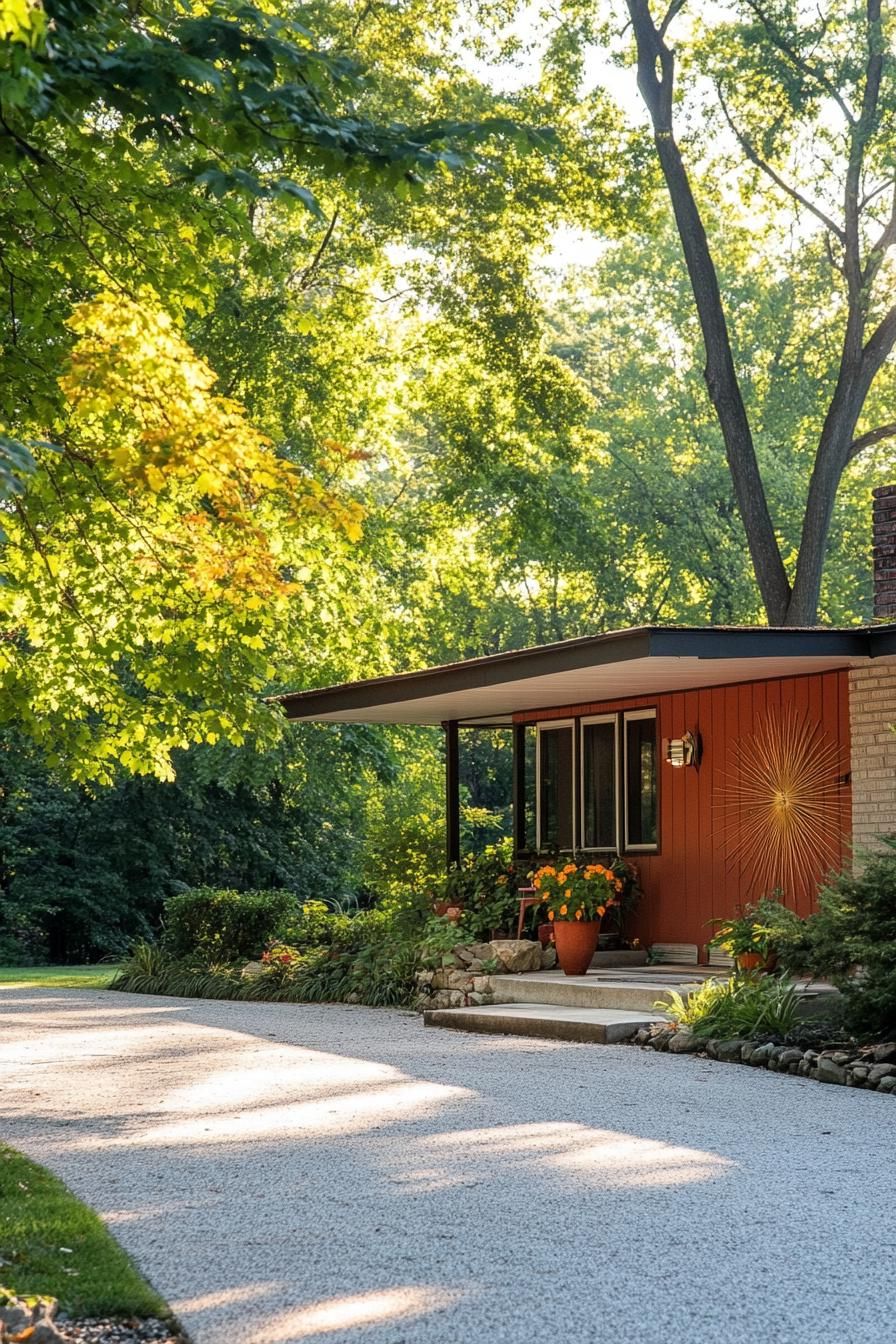 mid century modern house front porch with atomic starburst decor driveway lined with trees leads to the porch 1