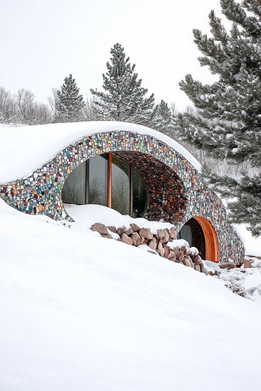 modern earth sheltered house built into a hill with recycled multicolor glass mosaic facade in winter covered in snow 1