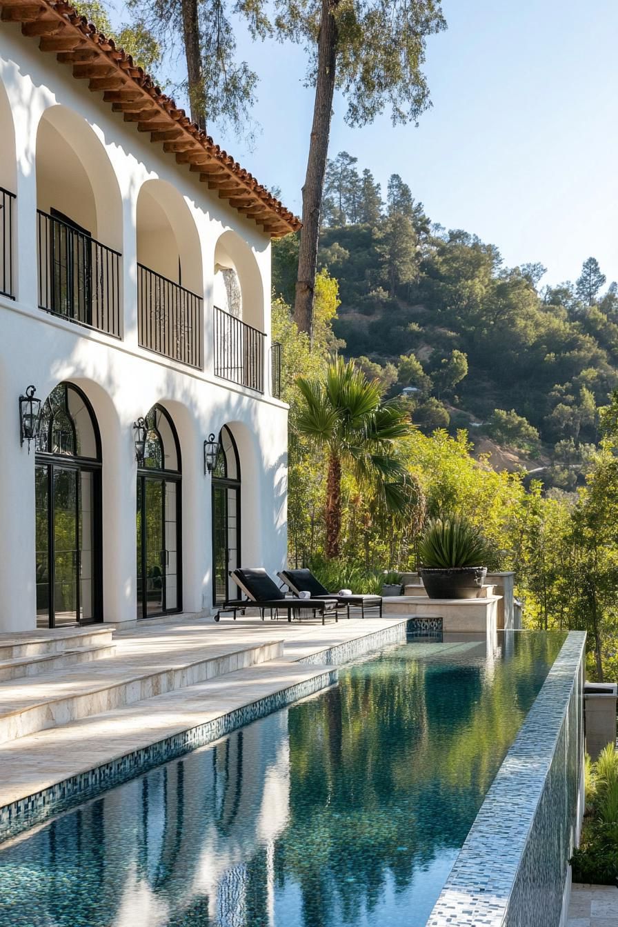 spanish villa yard with pool deck tiled in stone mosaic tile house in white stucco iron balconies arches modern windows tall palms in the yard 2