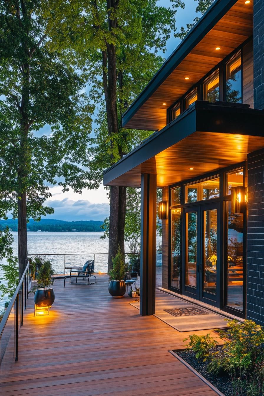 modern 90s style house front porch with retro lighting fixtures lakeside forest landscape