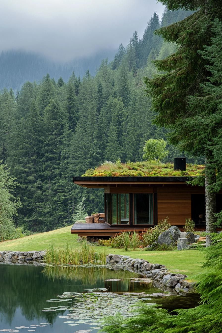 modern timber cabin with rooftop garden by a pond in a pristine green valley 3