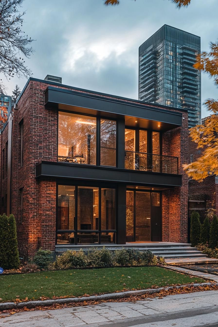 modern 90s style home facade with vintage brickwork accents city skyline in the background