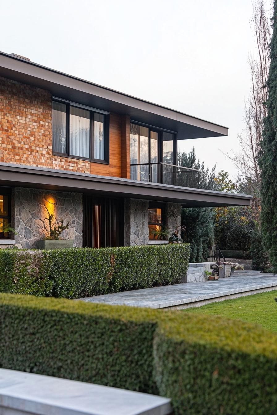 modern 70s style house facade with mixed stone and brick yard with thuja hedging 2