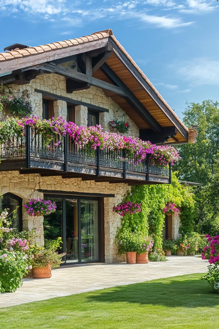 modern French chalet modern house facade with large balcony around the entire house with hanging flower pots beautiful provencal farm landscape
