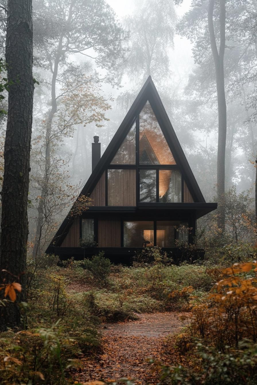 a frame timber prefab cabin house in a misty Scandinavian forest