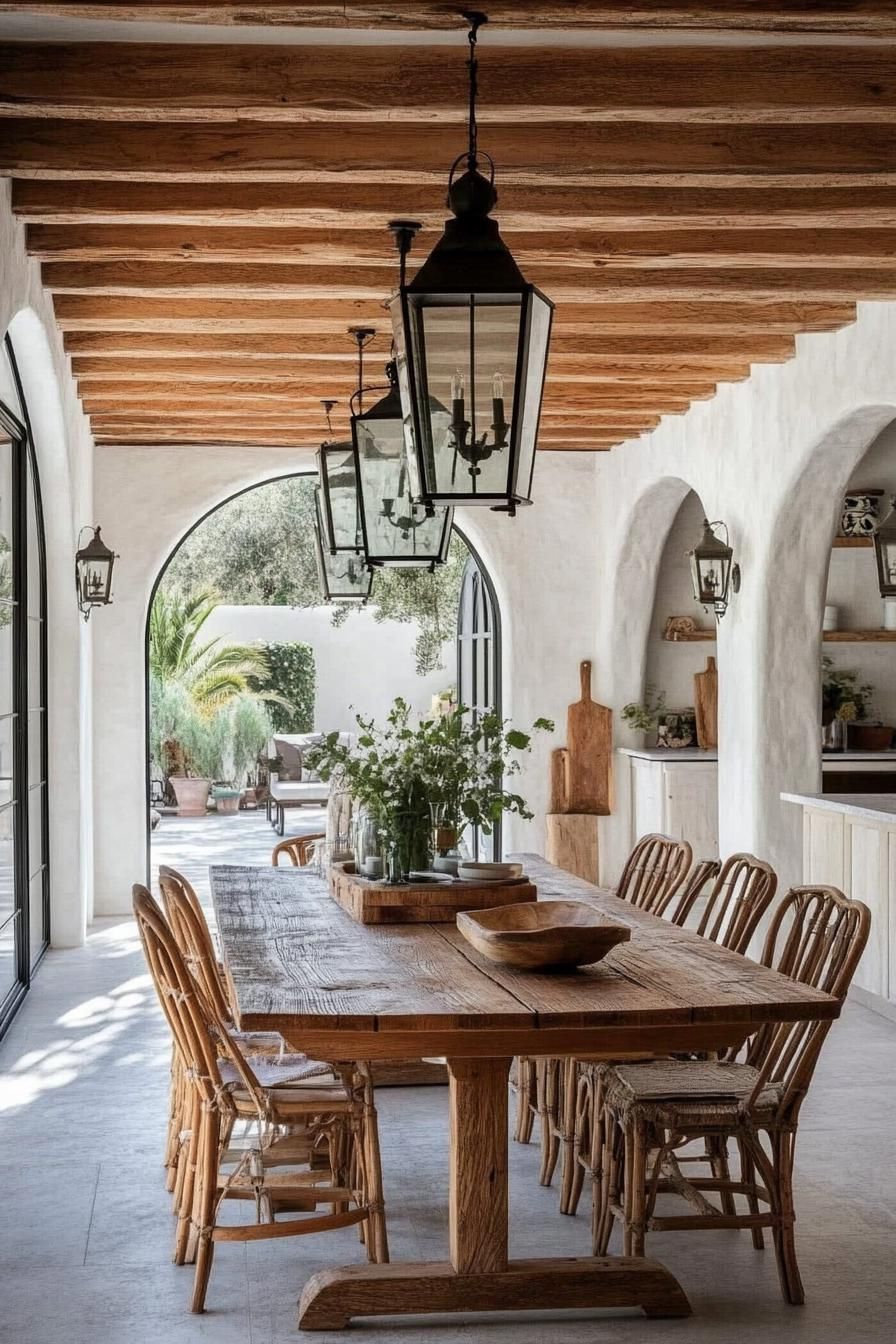 rustic spanish dining area interior white stucco walls arches wooden ceiling with beams hardwood floor large rustic wooden table with chairs 1