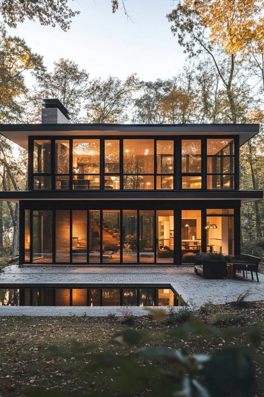 modern 70s style house facade with large floor to ceiling windows lakeside forest view 2