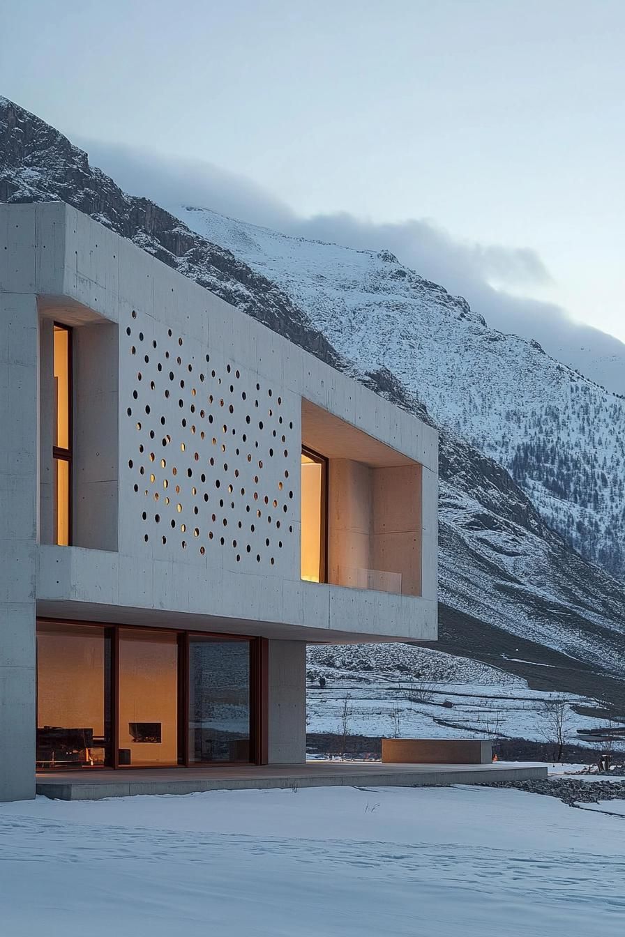 modern house with perforated precast concrete facade imposing snowy mountain in the background 2