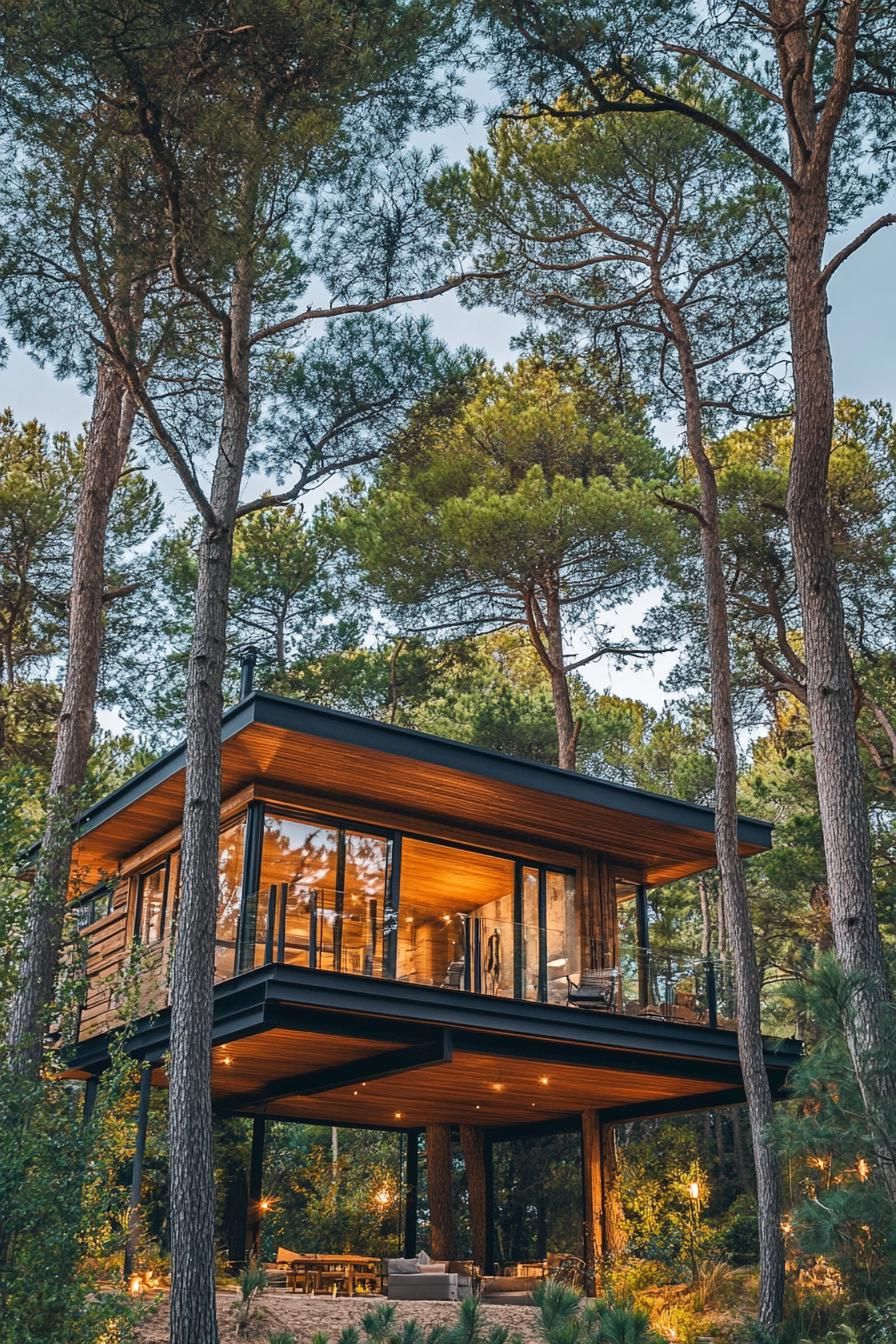 modern treehouse timber cabin home in a stunning pine forest with high trees