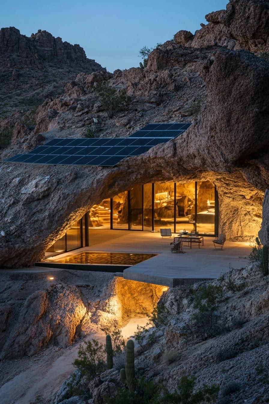 modern earth sheltered house with solar panel facade in stunning desert mountain caves 2