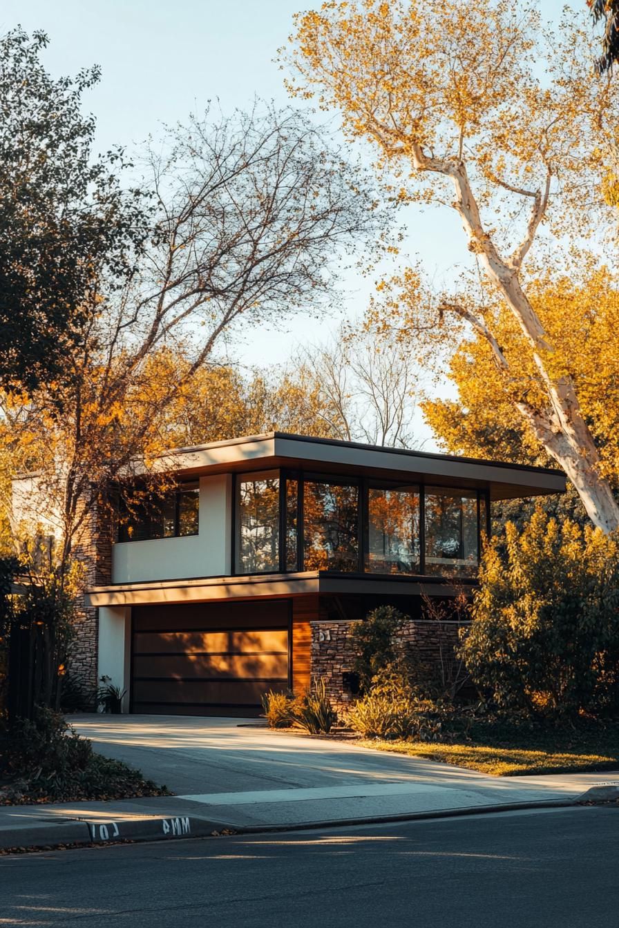 modern 70s style house exterior with flat roof and large eaves in suburban tree lined alley 1