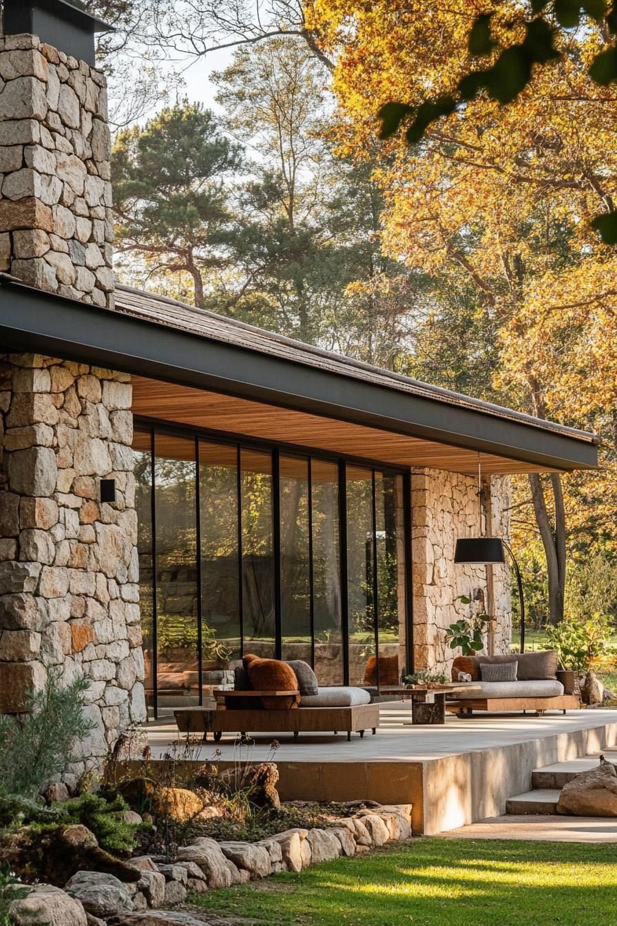 modern rural house stone facade with large glass windows