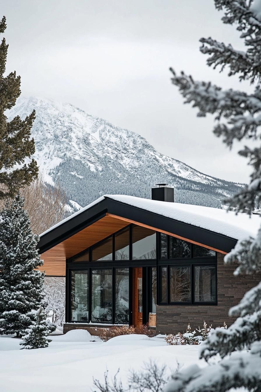 mid century modern cabin facade with black trim imposing snowy mountain in the background 1