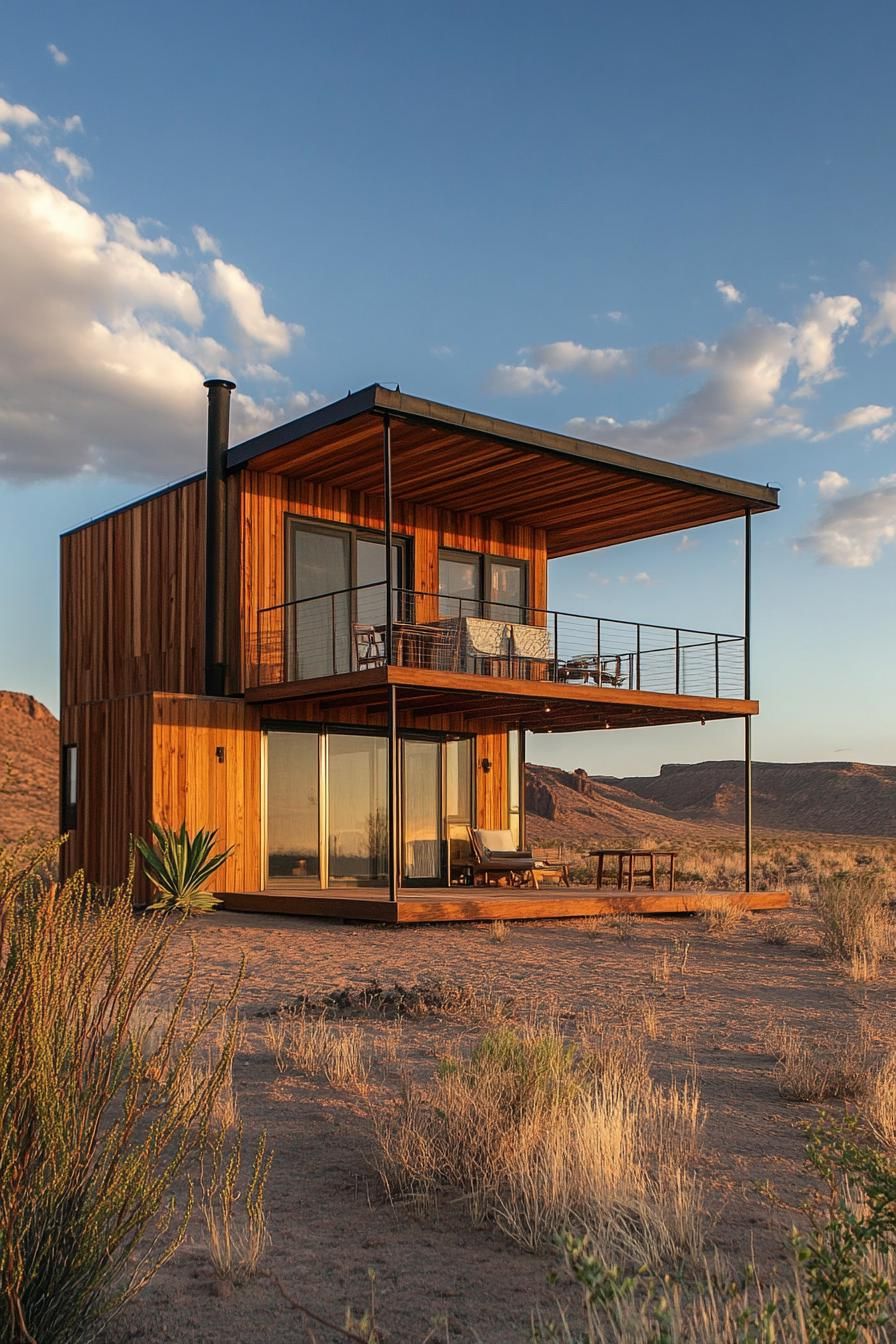 modern timber cabin house two level loft with rooftop deck in an arid picturesque landscape 2