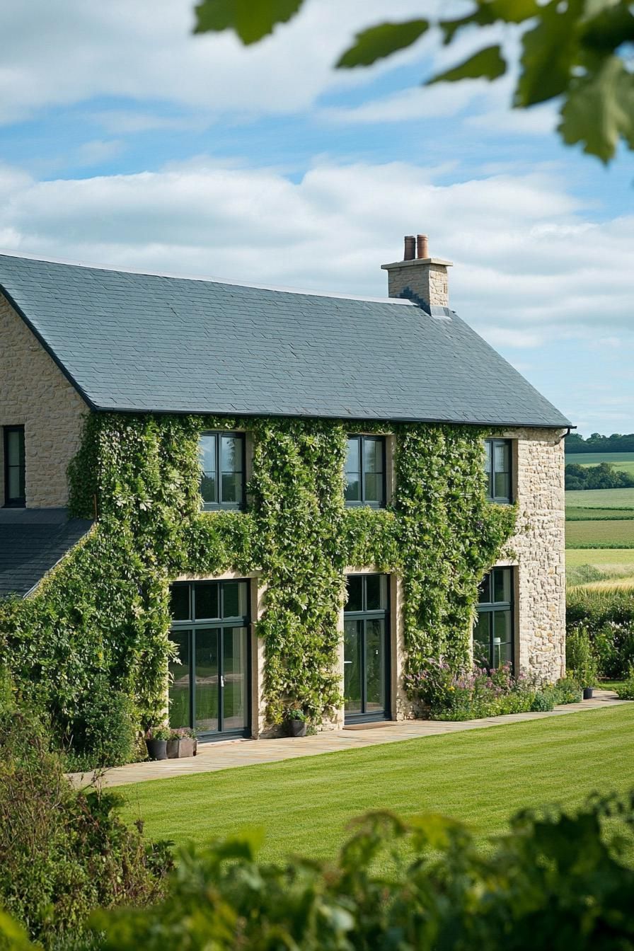 modern rural house facade with vertical garden beautiful English farmland in the background