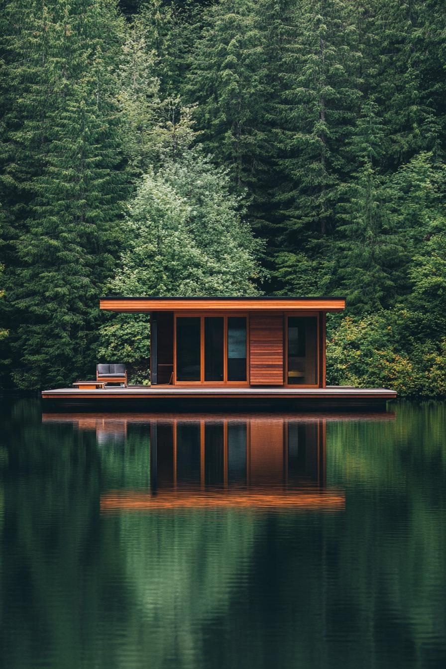 modern timber floating cabin house on a lake surrounded by lush pine forest