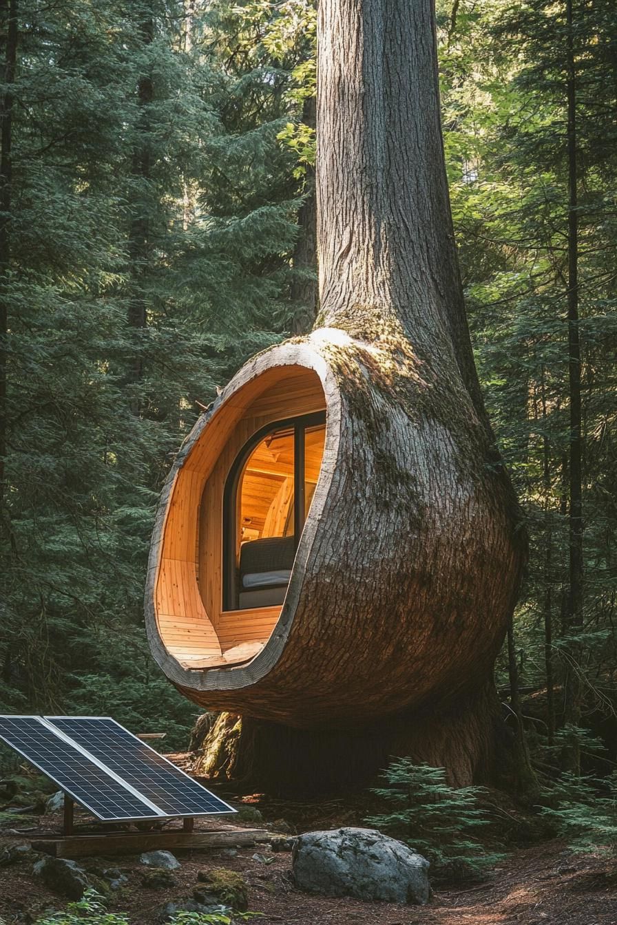 modern cabin built into a large tree trunk in a forest with a solar panel standing nearby 2