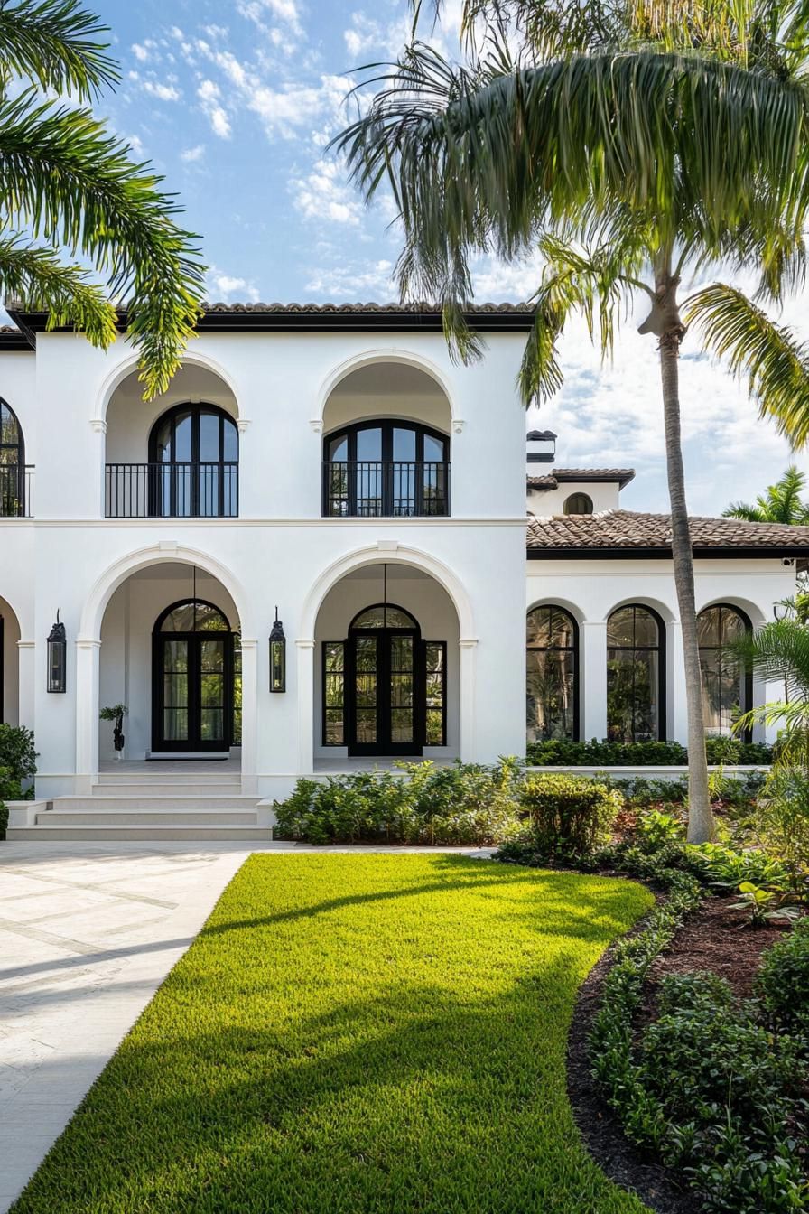 modern white spanish house facade with arches arched modern windows in black trim front yard with green lawn tall palms 2