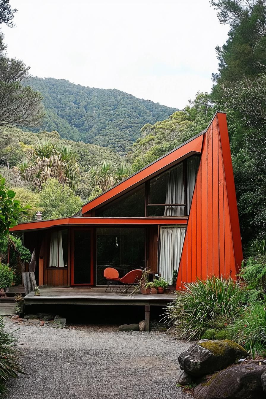 mid century modern cabin assymetrical geometric facade stunning green New Zealand hills 2