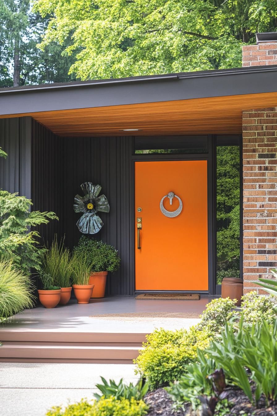 mid century modern house front porch with vibrant orange door and vintage knocker