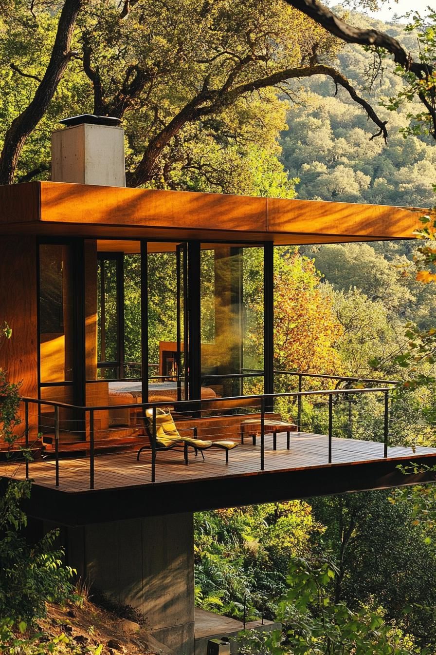 mid century modern cabin cantilevered over outdoor deck stunning hillside views 2