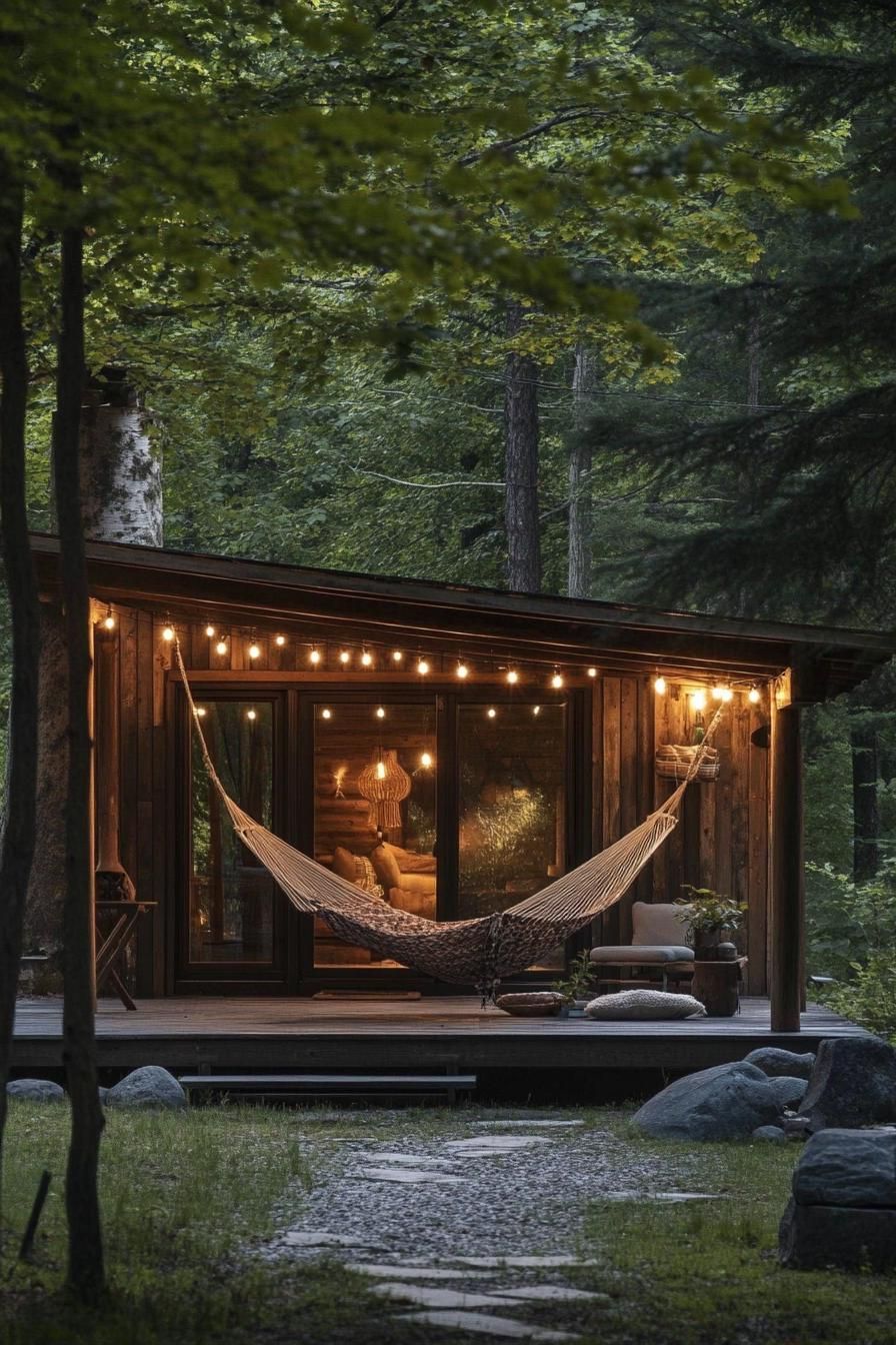 modern weathered timber cabin with porch and hammock string lights natural tree shade boho vibes 1
