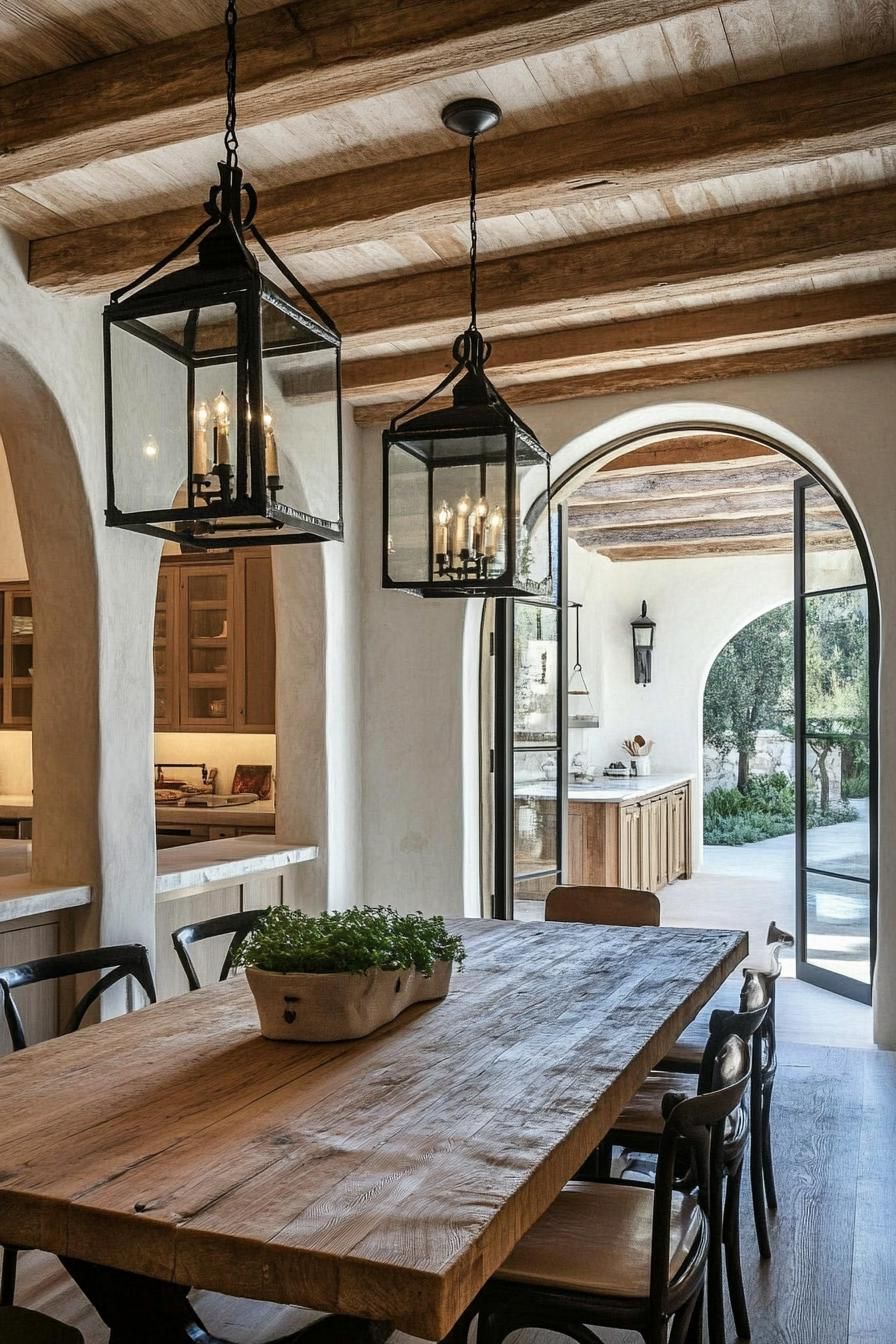 rustic spanish dining area interior white stucco walls arches wooden ceiling with beams hardwood floor large rustic wooden table with chairs 2