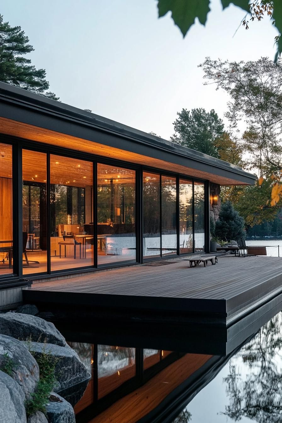 mid century modern cabin with expansive windows and sliding doors floating lake platform