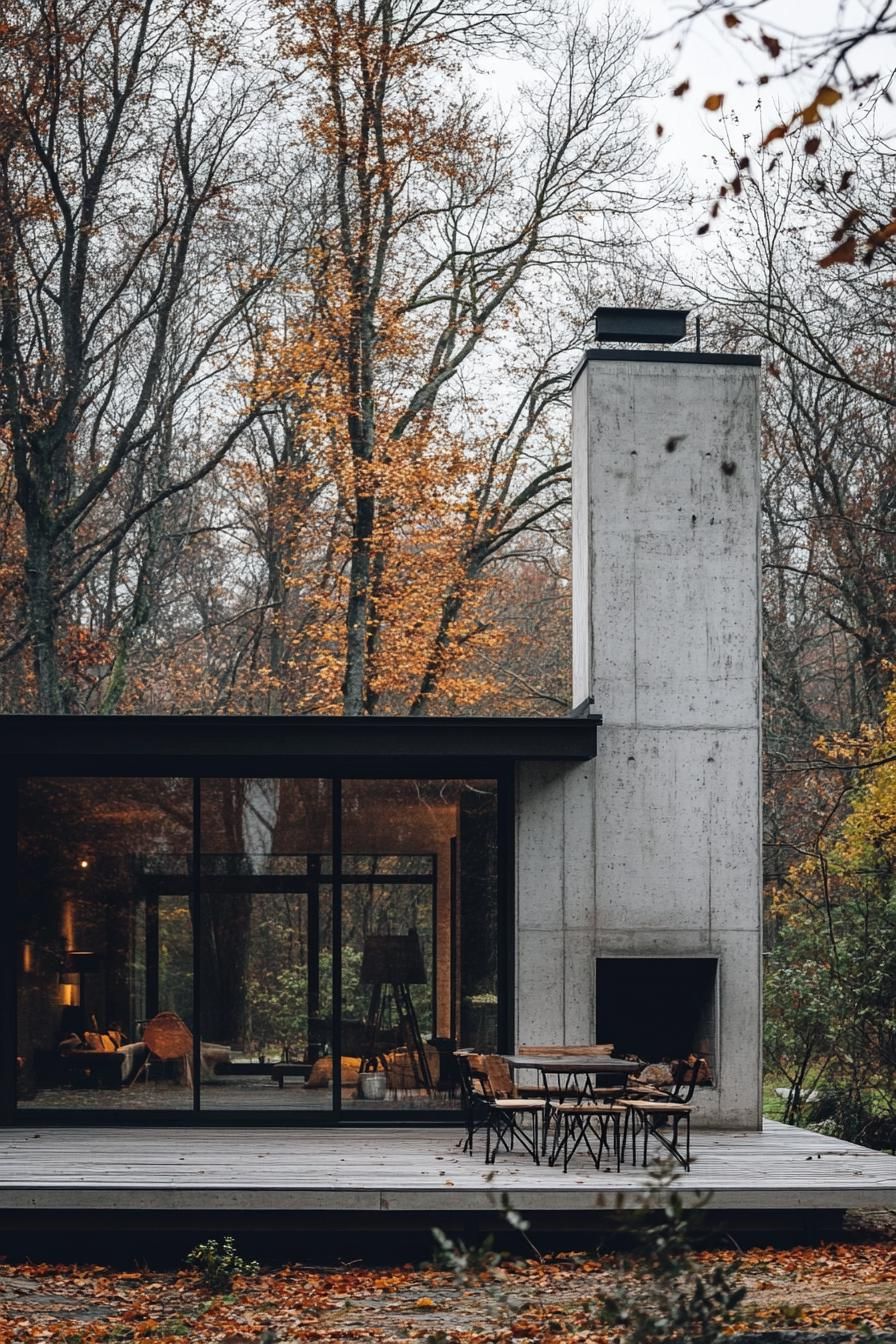 modern house with precast conrete facade built on an old factory with preserved chimney porch with cozy furniture leafless trees in the background in late autumn