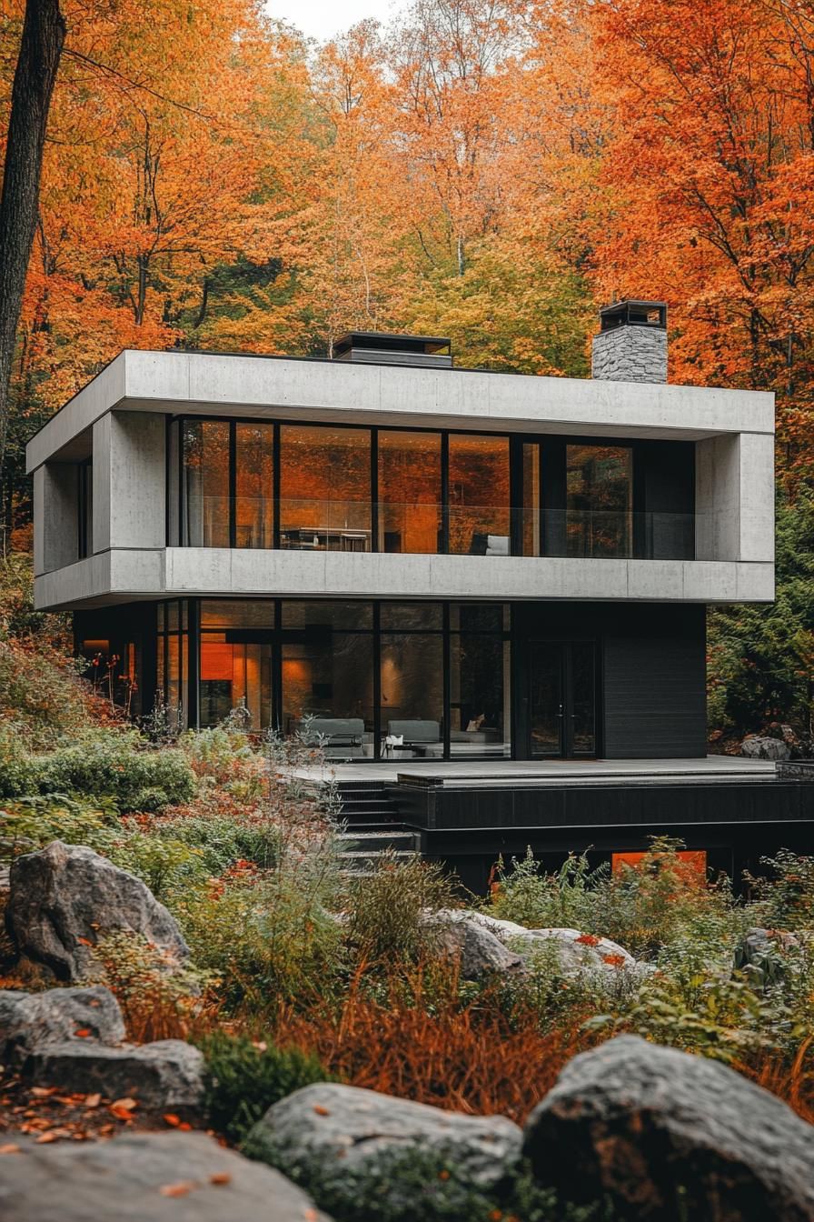 modern house with precast concrete facade in art deco zigzags maple forest in the background in autumn 3
