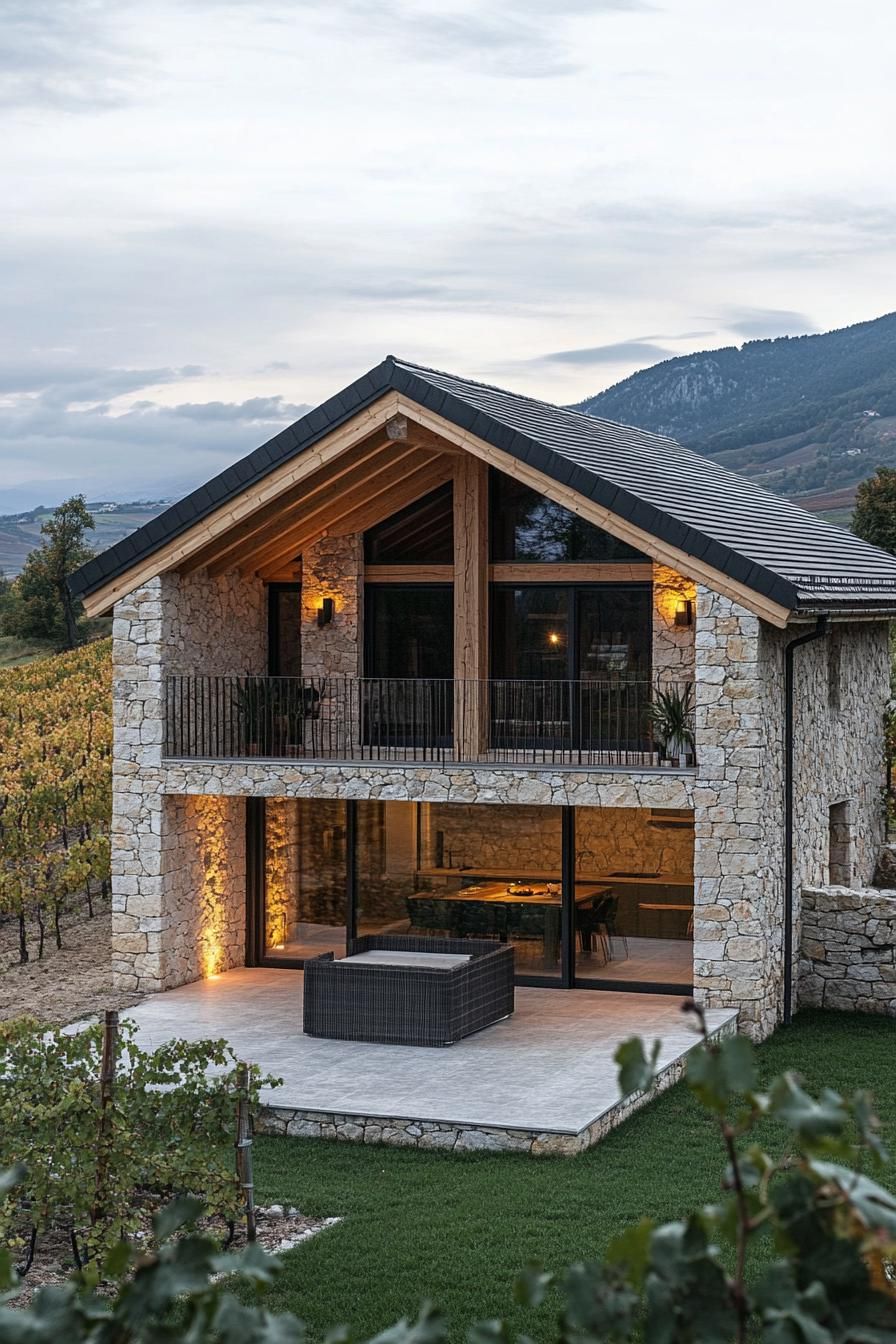 modern French chalet house facade with geometric stone ground floor and timber chalet second floor provencal vineyard in the background