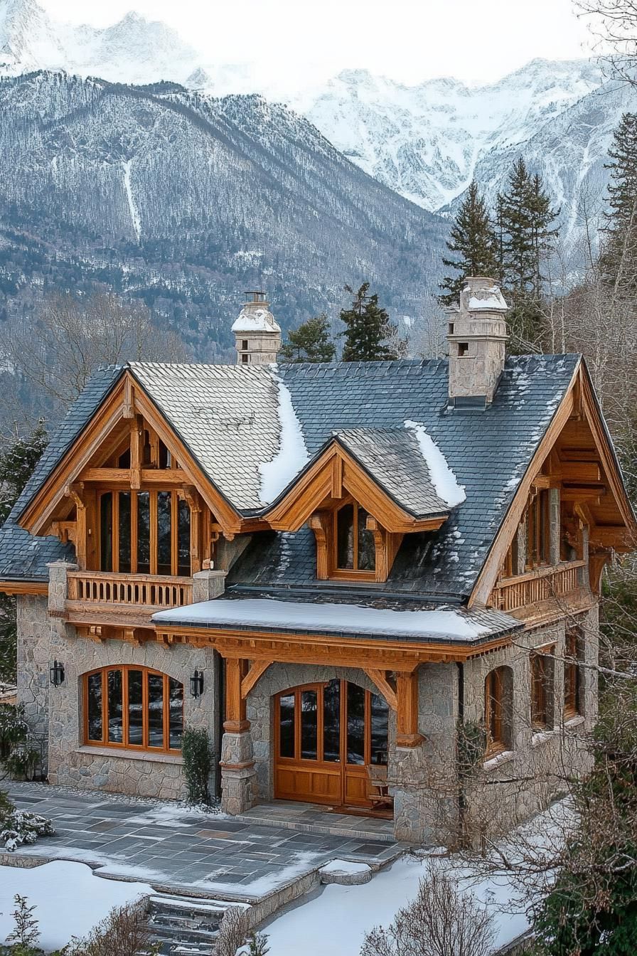 modern French chalet house with Slate Roof With Dormer Windows and Intricate Wood Carvings snowy Alps in the background 2