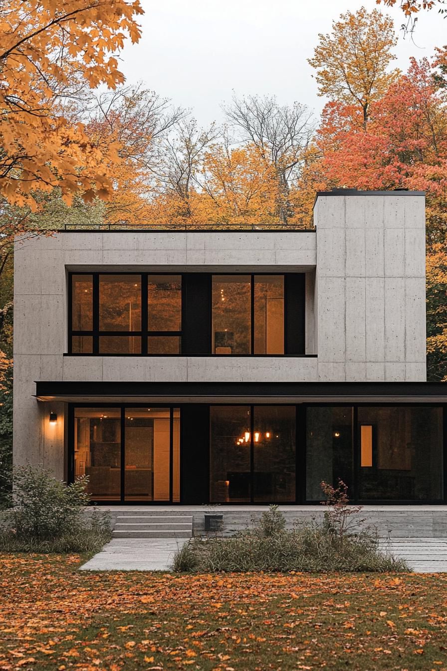 modern 90s style house concrete facade with large windows autumn maple forest in the background 3