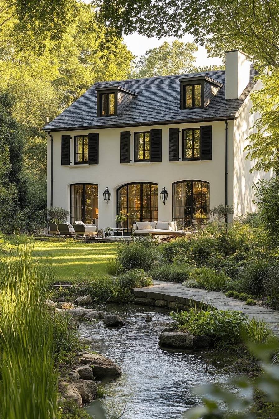 modern French chalet white house facade with black shutters provincal estate with a stream in front yard 3