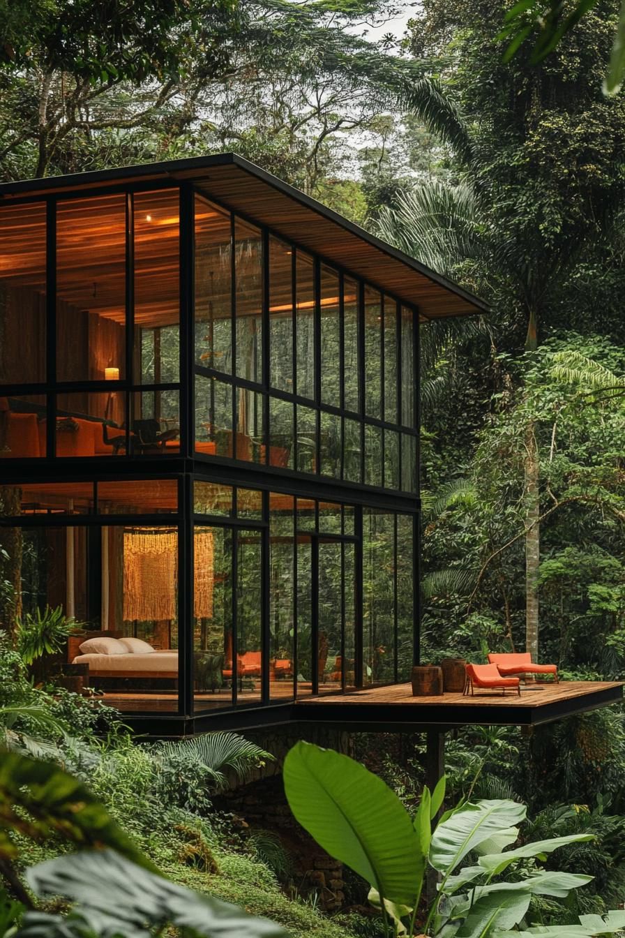 modern timber cabin with glass walls in lush tropical forest 1