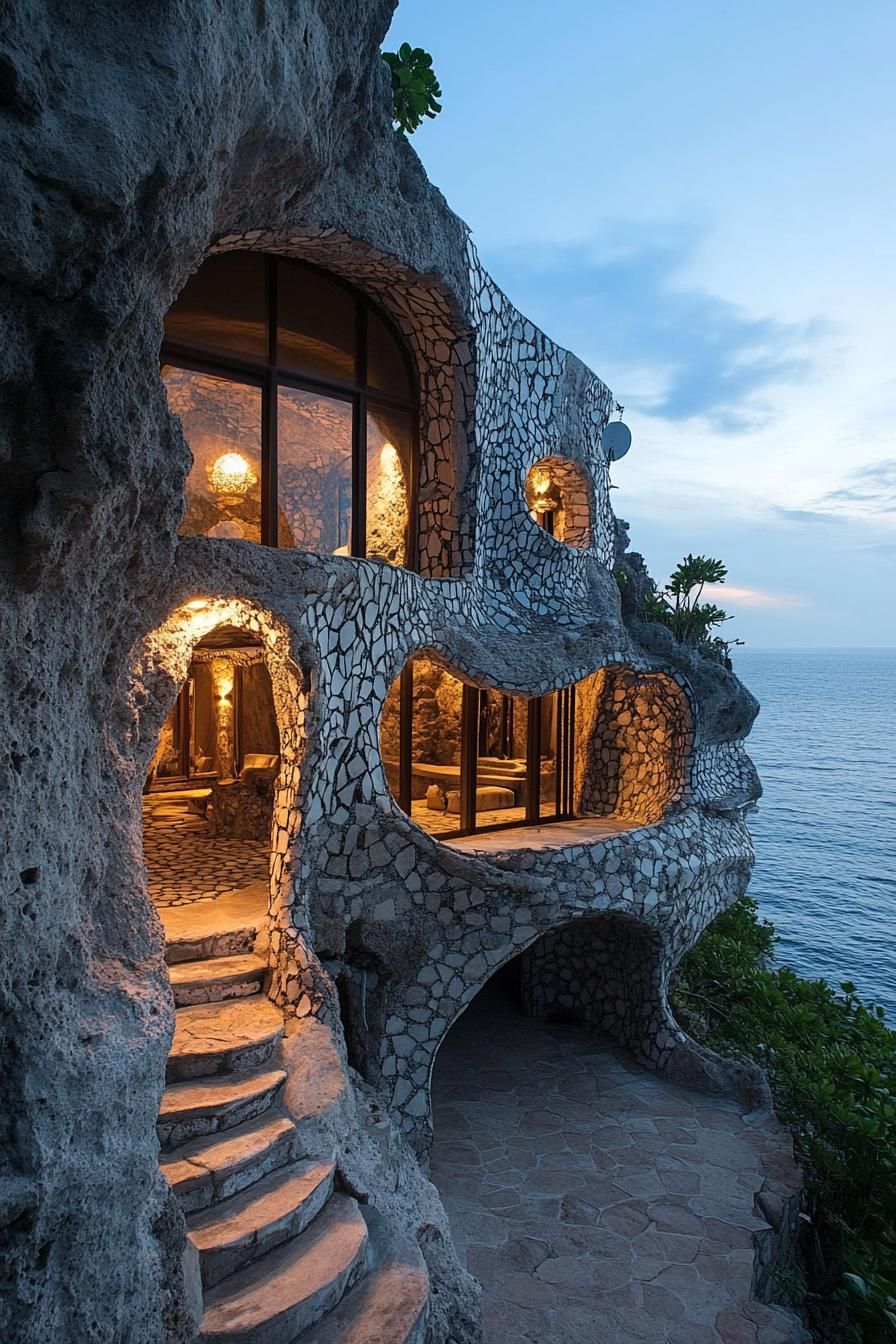 modern earth bermed house facade built into a cave with stone mosaic walls in stunning ocean side cliffs
