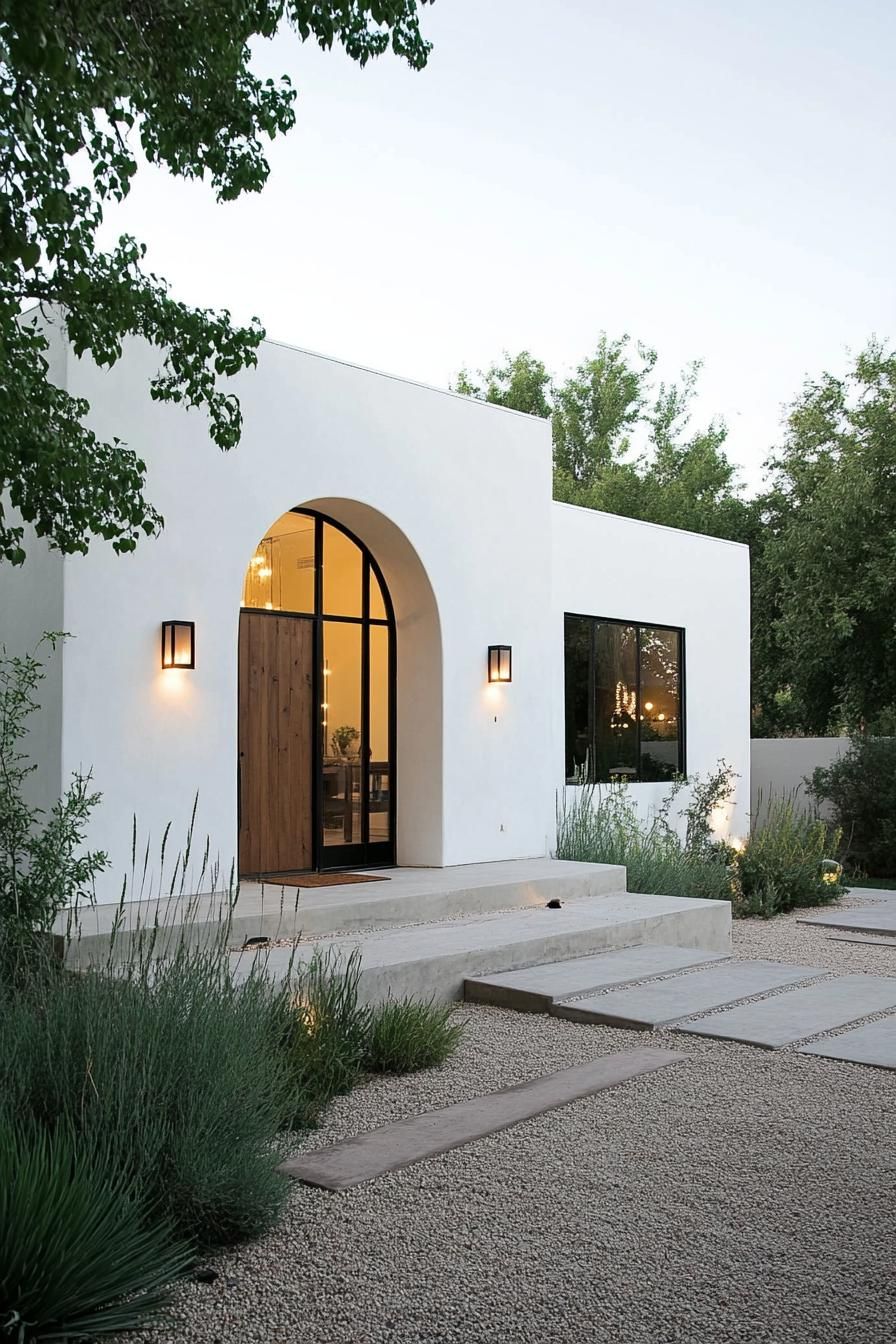 modern spanish house in white stucco modern arched windows in black trim large handcrafted wooden front door modern lamp fixtures gravel yard with