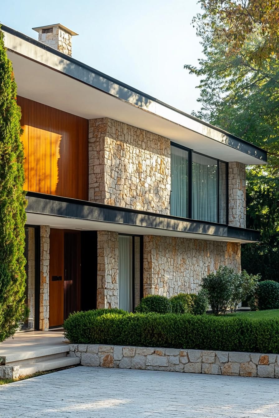 modern 70s style house facade with mixed stone and brick yard with thuja hedging 3