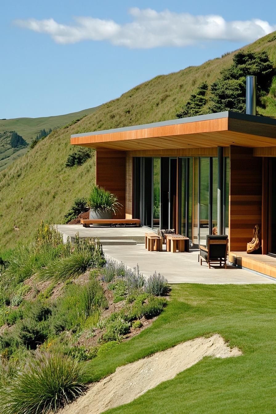 modern earth bermed house with wood cladding facade built into a hill in picturesque New Zealandean valley 3