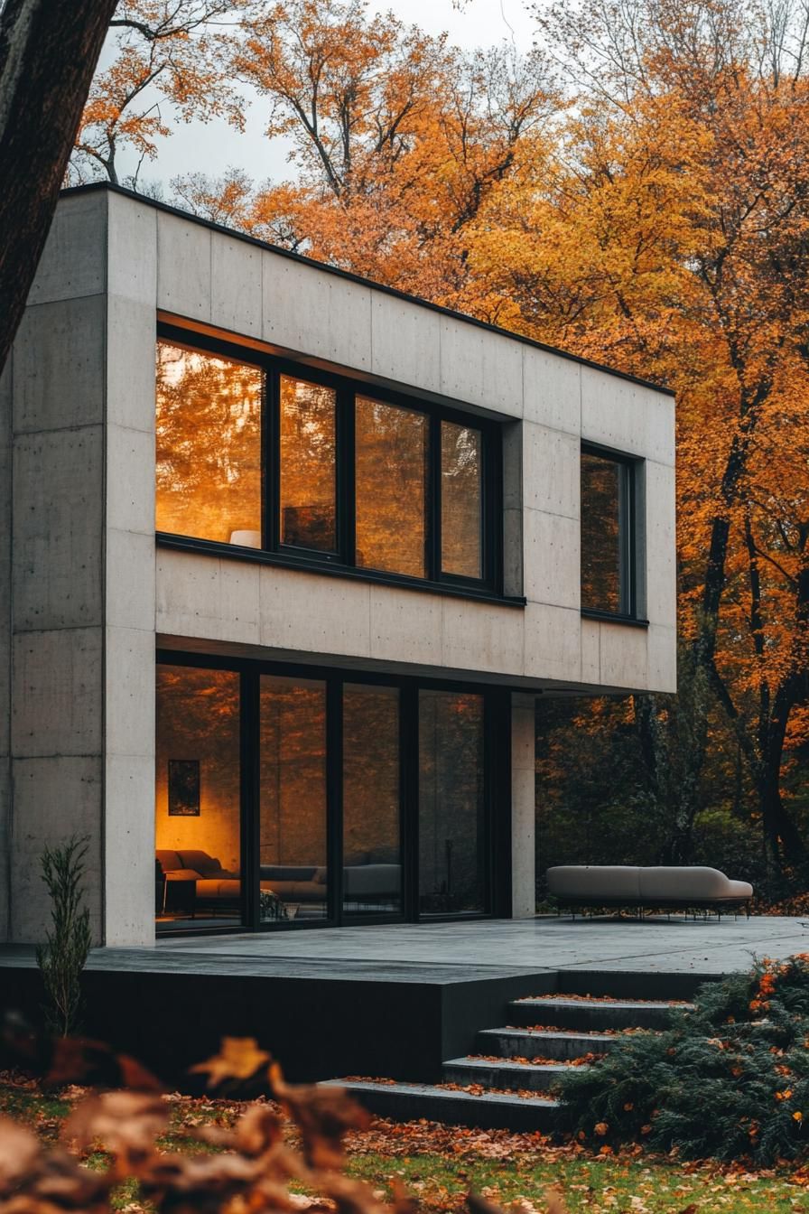 modern 90s style house concrete facade with large windows autumn maple forest in the background 2