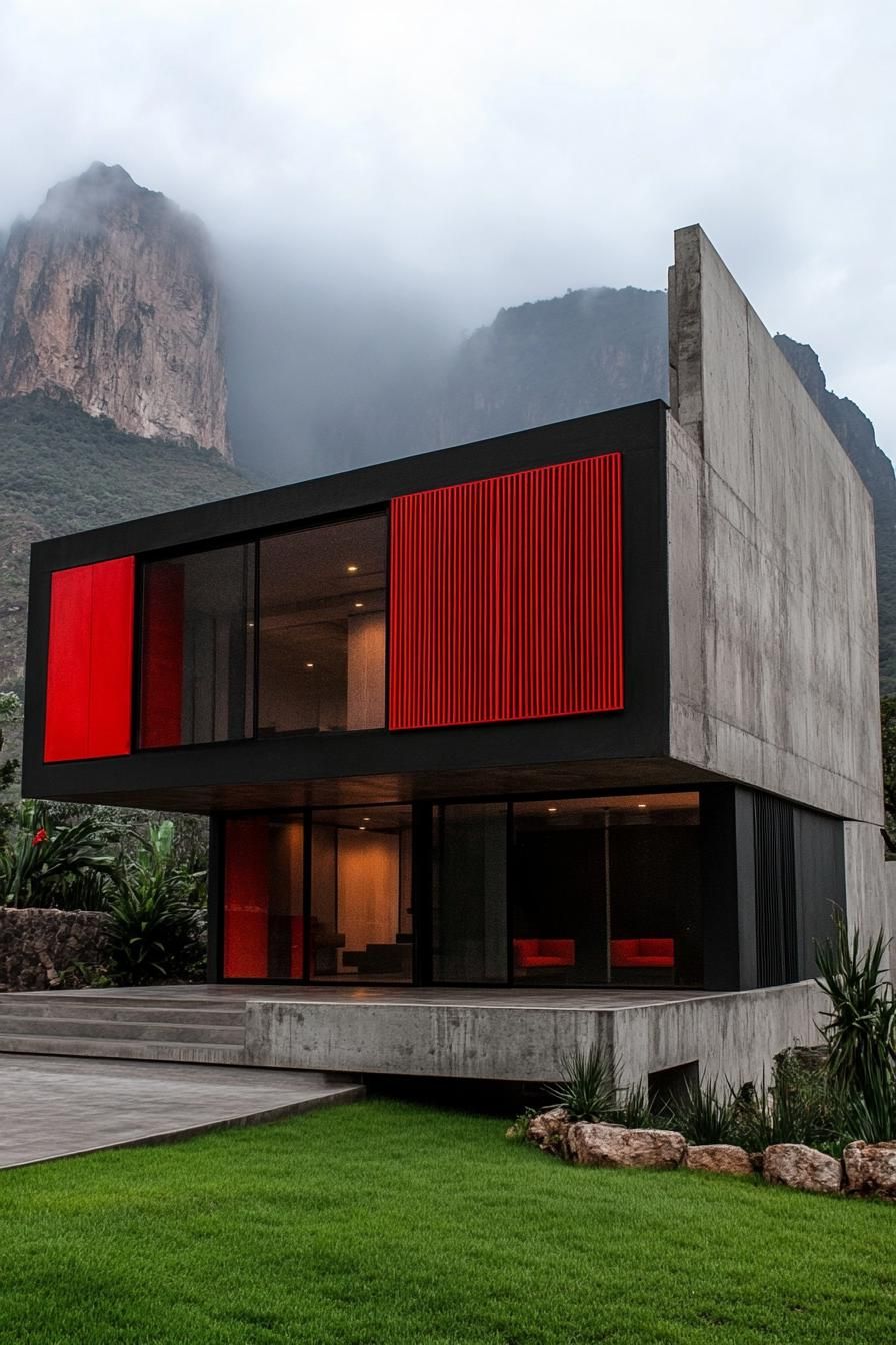 modern house with precast concrete facade with vibrant red sections misty ominous mountain in the background