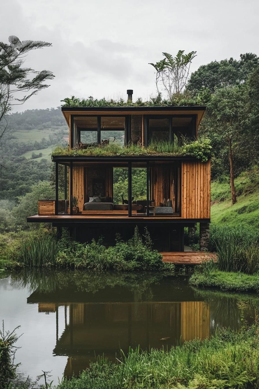 modern timber cabin with rooftop garden by a pond in a pristine green valley 1
