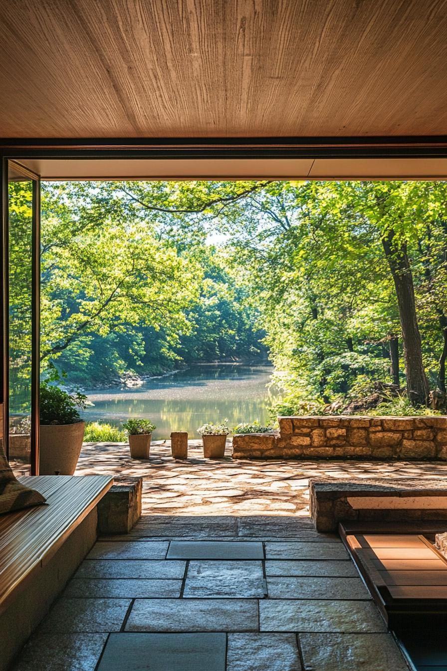 mid century modern house front porch with built in benches with a river lined with trees visible
